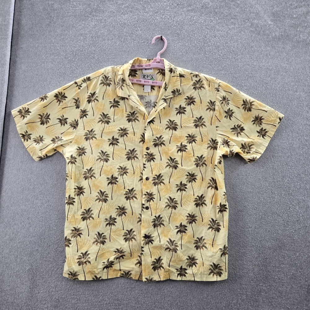 KY's Men Button Up Shirt XL Yellow Palm Tree Leaf Print Hawaiian Made in Hawaii‎